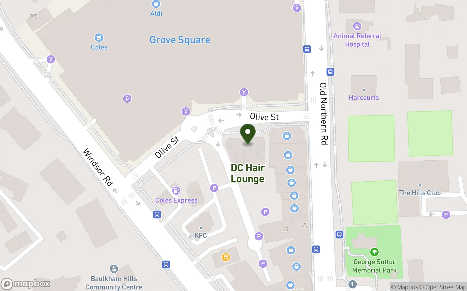 Map showing DC Hair Lounge at 8 Olive Street, Baulkham Hills NSW 2153