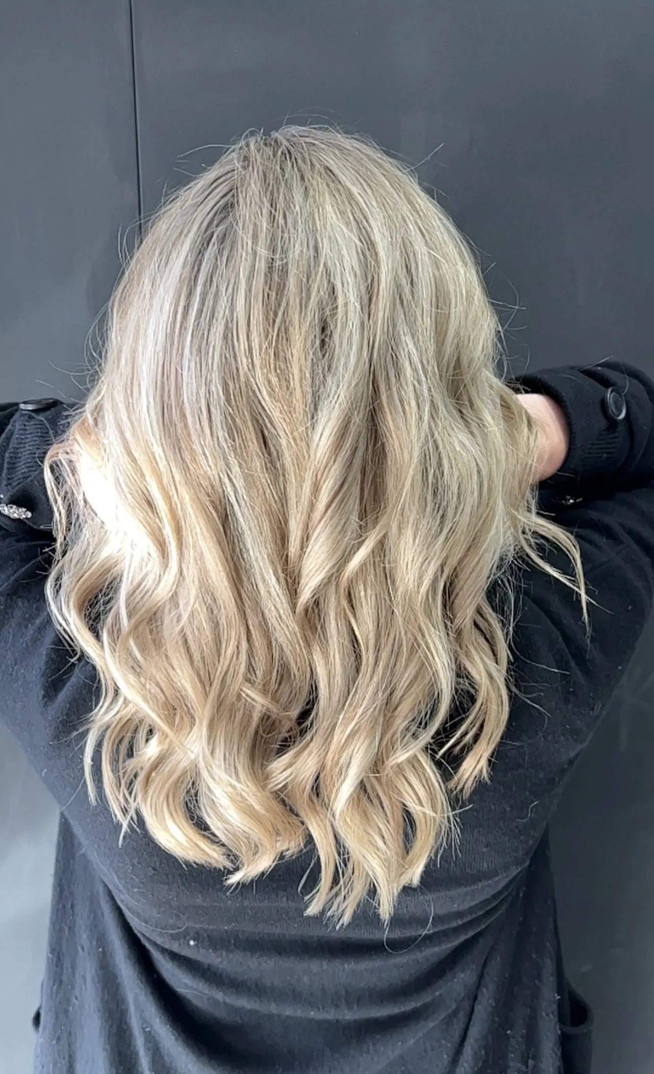 Ash blonde wavy highlighted colour at DC Hair Lounge Baulkham Hills