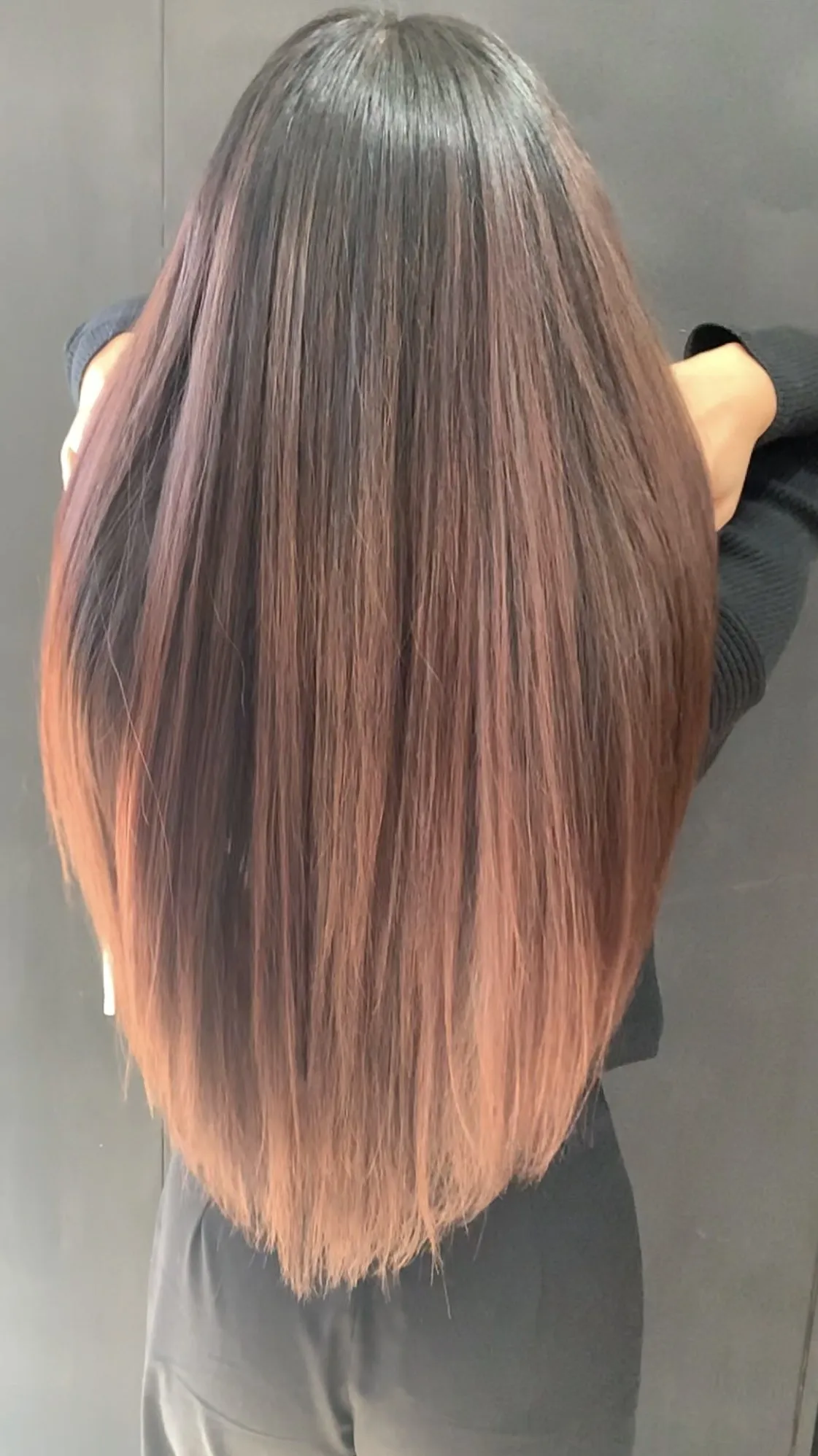 Dark to rose copper ombre long hair at DC Hair Lounge Baulkham Hills