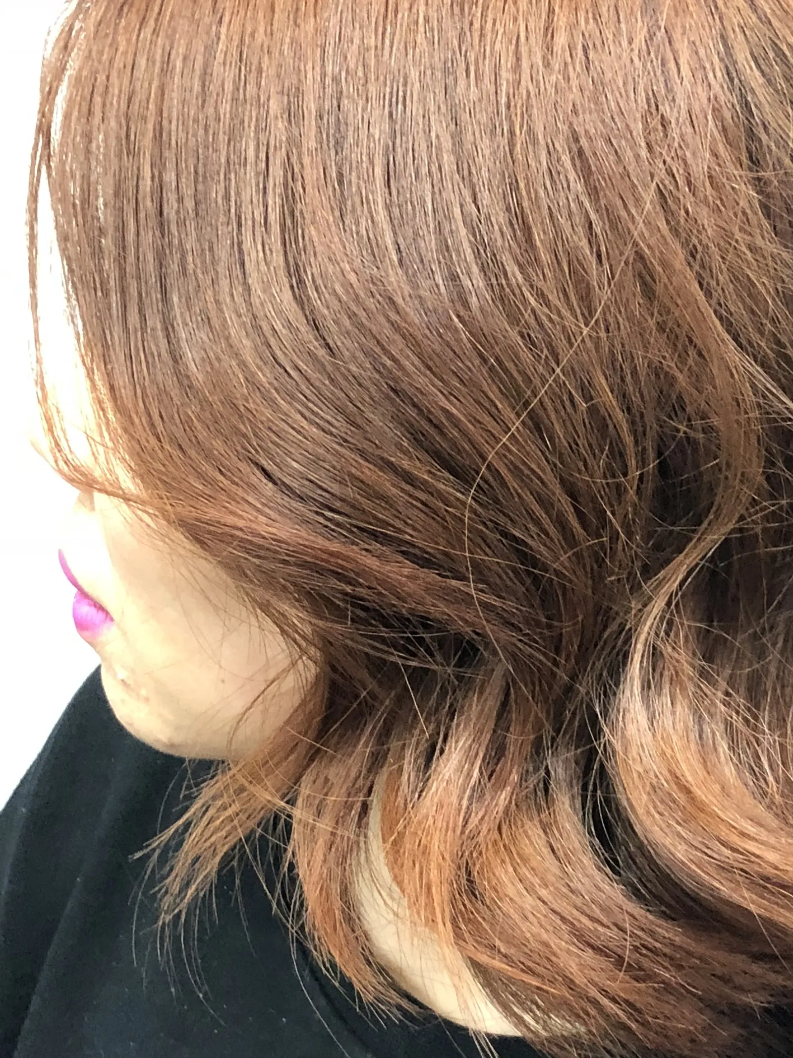Warm copper brunette colour close-up at DC Hair Lounge Baulkham Hills