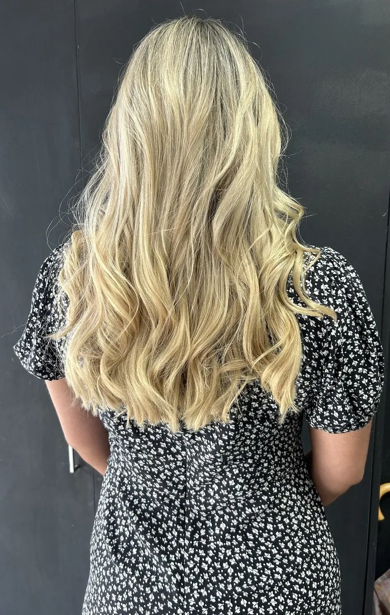 Platinum blonde balayage with waves at DC Hair Lounge