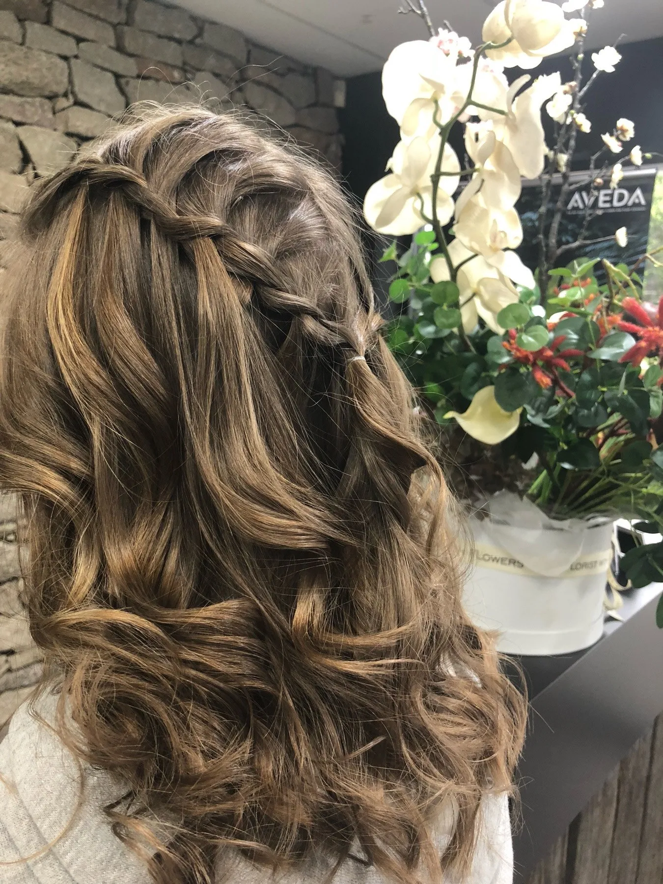 Brunette waterfall braid half-up at DC Hair Lounge Baulkham Hills