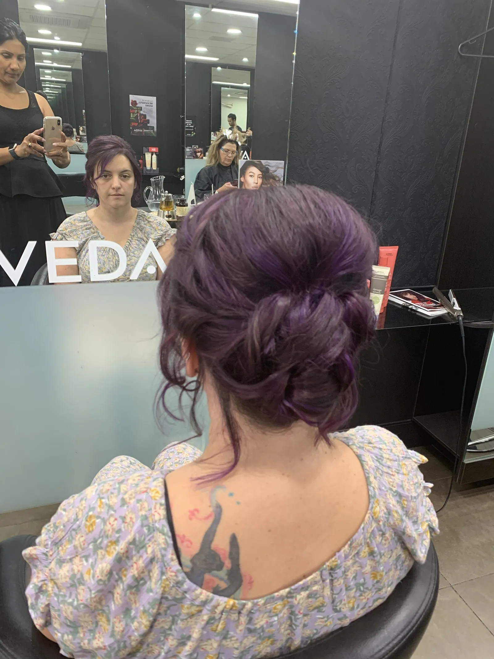 Purple updo mirror shot at DC Hair Lounge Baulkham Hills